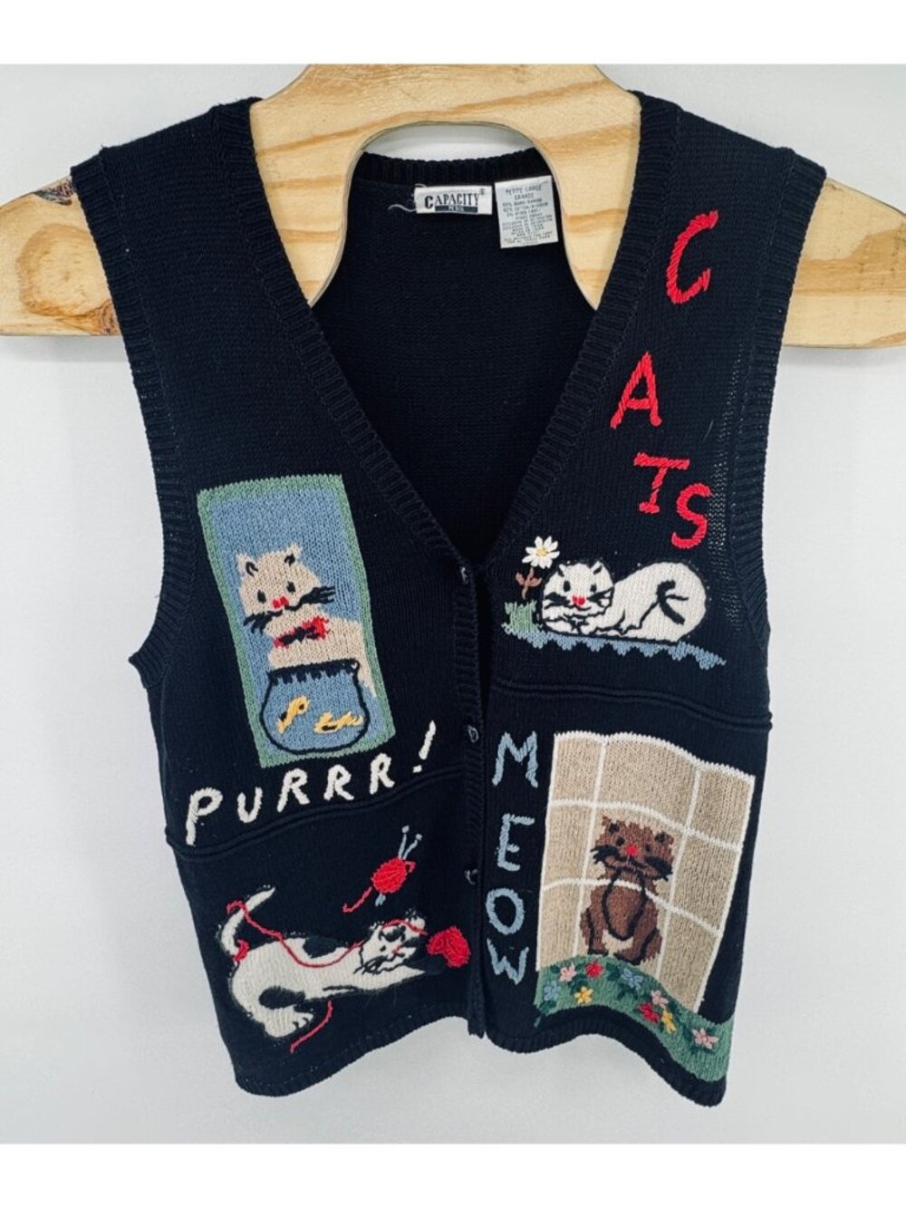 Vintage Capacity Sweater Vest Womens Petite Medium Black Playful Cats